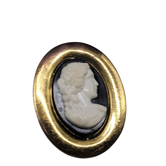 VTG Molded Celluloid Cameo Brooch Gold Tone Frame Black White Victorian Lady - Picture 3 of 8